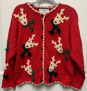 vtg 2000 Marisa Christina Christmas sweater size M red Reindeer Cardigan Rudolph - Picture 1 of 10