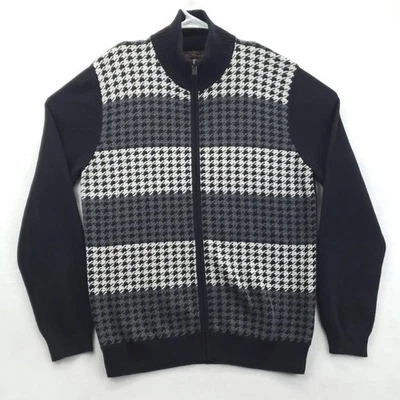Ben Sherman Sweater Mens XL Black Gray Houndstooth Full Zip Mock Neck Lambswool - Image 1 of 4