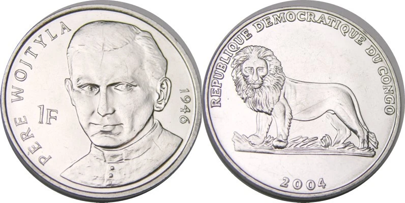 elf Congo Democratic Rep 1 Franc 2004 Lion Pope St John Paul II as a new Priest - Image 1 of 1