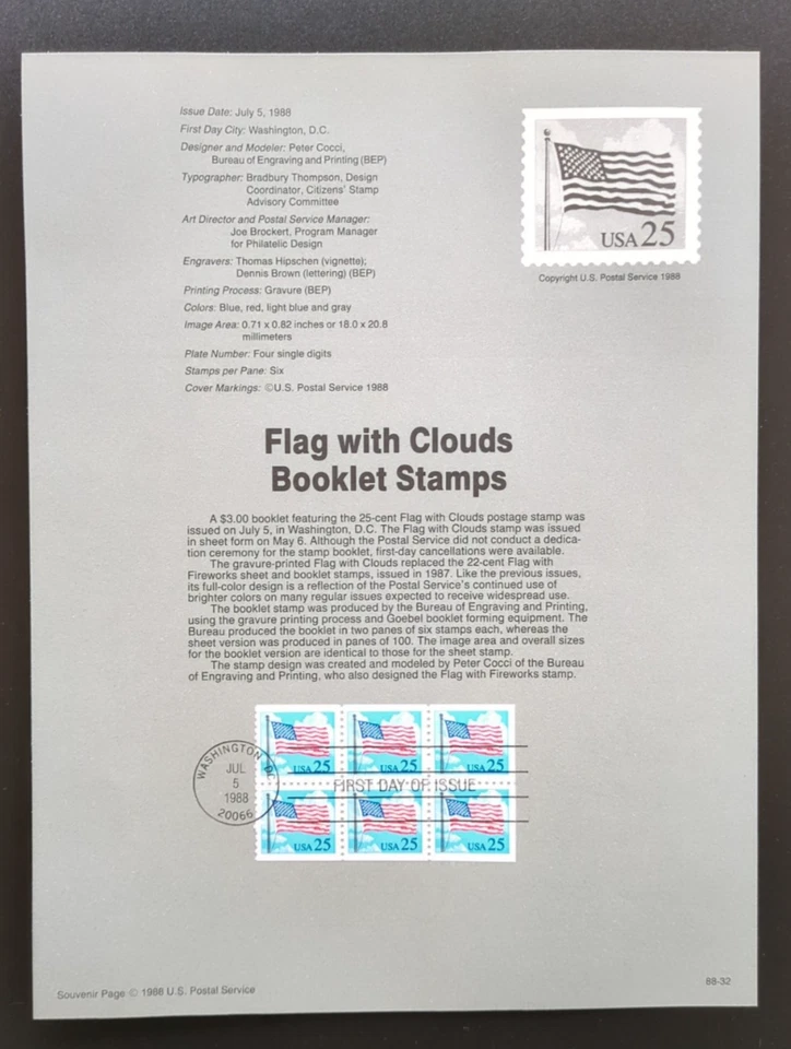 25c Flag with Clouds Booklet 1988 SOUVENIR PAGE SCOTT # 2285A SP787 - Image 1 of 1