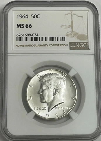1964 P NGC MS66 SILVER KENNEDY HALF DOLLAR FIRST YEAR ISSUE 90% COIN WHITE LABEL Cover