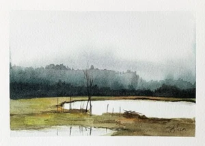 Watercolor Painting Original Landscape Country Lake Tree NORTH HOLLOW Signed 5x7 - Picture 1 of 4