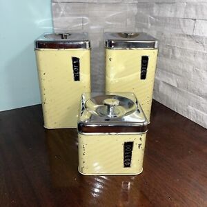 Vintage LINCOLN BEAUTYWARE Striped Yellow Tin Canister Set of 3 w/ Chrome Lids