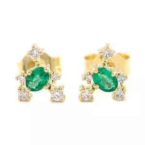 Stud Earrings Zambia Emerald SI Clarity G-H Color Diamond Solid 18K Yellow Gold - Picture 1 of 18