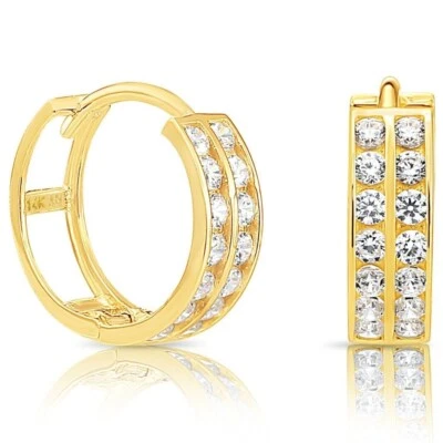 14K Real Solid Gold Double Row CZ Round Huggie Hoop Earrings Small Size 11.5MM - Image 1 of 4
