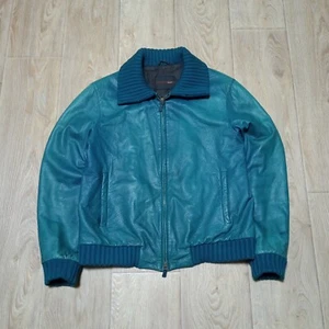 Bally Vintage Distressed Leather Bomber Jacket Made In Spain Blue Y2K Size 54 - Picture 1 of 19