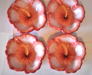 Set Of 4 Clay Art Coral, Pink & Yellow Hibiscus Flower Shaped Bowls 6" - Picture 1 of 8