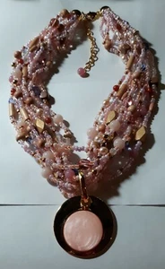 Joan Rivers QVC Halskette 9 Strang Glas Holz Perlen mit rosa Anhänger ohne Box ✞  - Bild 1 von 10