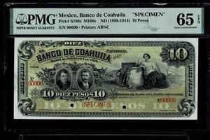 Mexico Antique $10 Pesos"SPECIMEN"Banco De Coahuila 1898-14 PMG65 - Picture 1 of 2