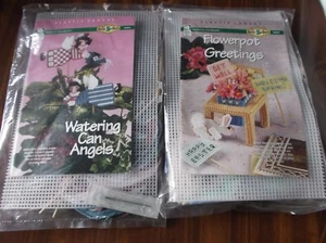 2 WHITE BIRCHES PLASTIC CANVAS KITS WATERING CAN ANGELS FLOWERPOT GREETINGS - Picture 1 of 5