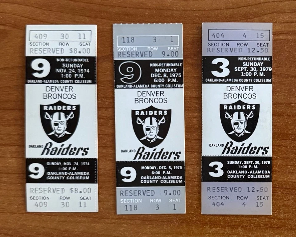 vintage LOT of 3 - 1974 1975 1979 DENVER BRONCOS @ OAKLAND RAIDERS FULL TICKETS - Image 1 of 1