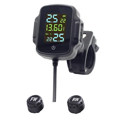 Motorcycle TPMS Tire Pressure Monitor System Temperature Alarm 2 External Sensor - Image 1 of 4