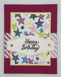 Stampin' Up! Pink Stripes & Stars Birthday Card w/Envelope, Gems - Picture 1 of 6