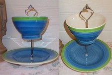 2 TIER TRINKET CAKE STAND DISPLAY BLUE GREEN