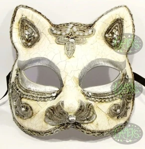 MASCHERA VENEZIANA GATTO decorata bordo argento domino colore bianca avorio - Foto 1 di 1