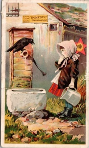 Girl at Well with Crow Domestic Sewing Machine Victorian Trade Card - Picture 1 of 2