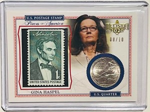 GINA HASPEL 2020 LEAF #/d 8/10 DECISION PIECES OF AMERICA STAMP & QUARTER GOLD