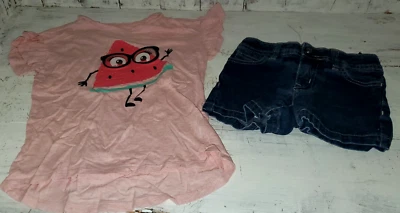Faded Glory Blue Denim Shorts 6 Wonder Nation Pink Watermelon 6-6X Shirt  *S24 - Image 1 of 4