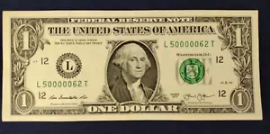 Ausgefallene Seriennummer $1 Schein 5-of-a-kind L50000062T - Bild 1 von 5