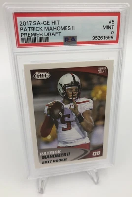 2017 PATRICK MAHOMES ROOKIE Card SAGE HIT #5 PREMIER DRAFT KC CHIEFS PSA MINT 9 - Image 1 of 4