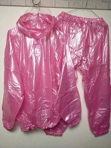 Pink PVC plastic tracksuit imperfect saunasuit rainwear hooded jacket pants set - Picture 1 of 15