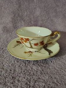 19th Century Antique Japanese Kutani Cup & Saucer Hand Painted Autumn Maple Tree - Picture 1 of 10