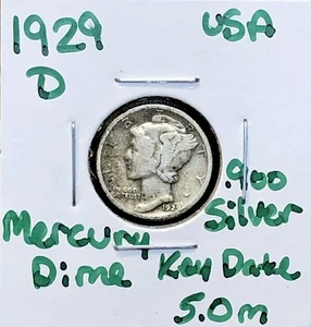 Moneda de diez centavos Mercury 1929 D XF - .900 de plata de Estados Unidos - fecha clave baja acuñación 5 m - Imagen 1 de 8