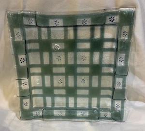 Ivat Fused Art Glass Trinket Dish Tray Plate Blue Squares Flowers 10” - Picture 1 of 1