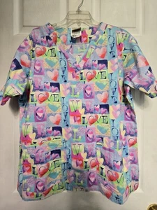 Cottonality Scrub Top Size L-Pastels Hearts/Love/Laugh-Chest 25"/L 28" - Picture 1 of 5
