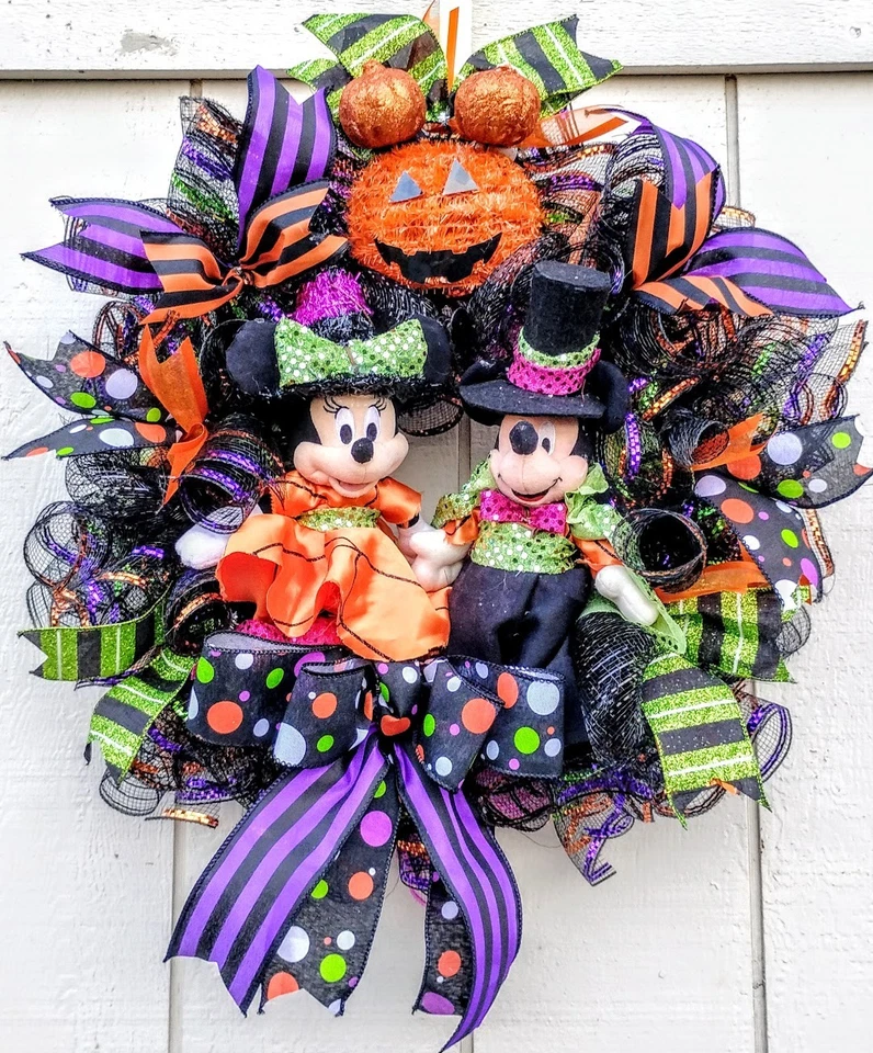 Guirnalda de Halloween Mickey y Minnie grande 24" hecha a mano decoración de malla de puerta delantera Foto 1 de 4