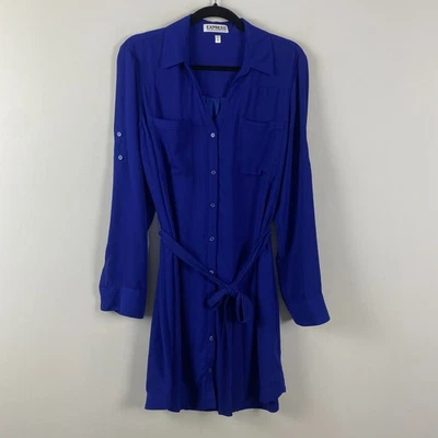 Express Portofino Shirt Dress Size Large Blue Button Front Belted Long Sleeve - Image 1 of 4