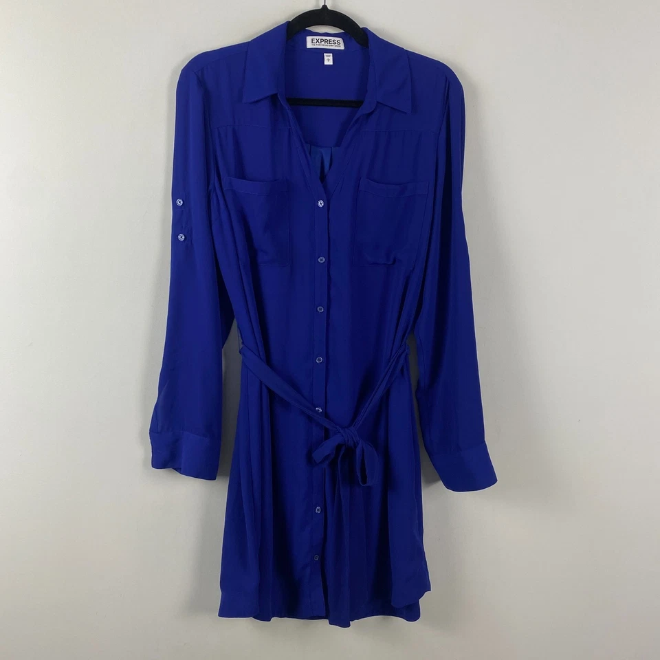 Express Portofino Shirt Dress Size Large Blue Button Front Belted Long Sleeve - Image 1 of 4