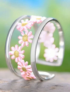 Anillo banda plata gruesa margarita rosa - Imagen 1 de 1