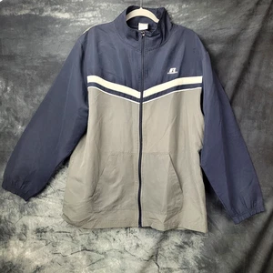 Vintage Windbreaker Jacke blau grau Reißverschluss vorne gestreift Logo Herren Medium Retro - Bild 1 von 10