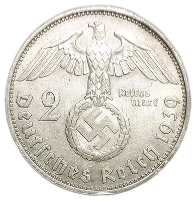 1939-J Germany 2 Mark Reichsmark Silver Coin 3rd Reich Nazi Era KM 93 - Image 1 of 2