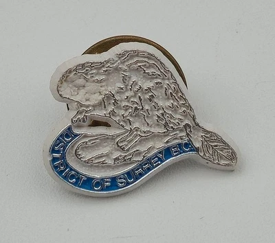 Prendedor de solapa de plástico blanco vintage District of Surrey BC Beaver 3/4 pulgadas Foto 1 de 3