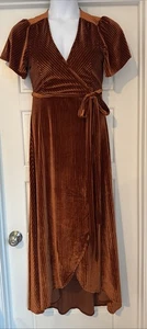 Baltic Born Velvet M True Wrap Maxi Dress Burnt Orange Ribbed M Short Sleeve - Picture 1 of 11