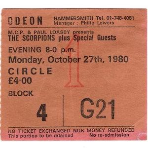 SCORPIONS Concert Ticket Stub LONDON 10/27/80 HAMMERMITH ANIMAL MAGNETISM Rare - Picture 1 of 2
