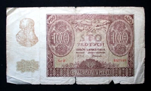OLD BANKNOTE OF POLAND 100 ZLOTYCH 1940 GERMAN OCCUPATION WORLD WAR II Ser. E - Picture 1 of 3