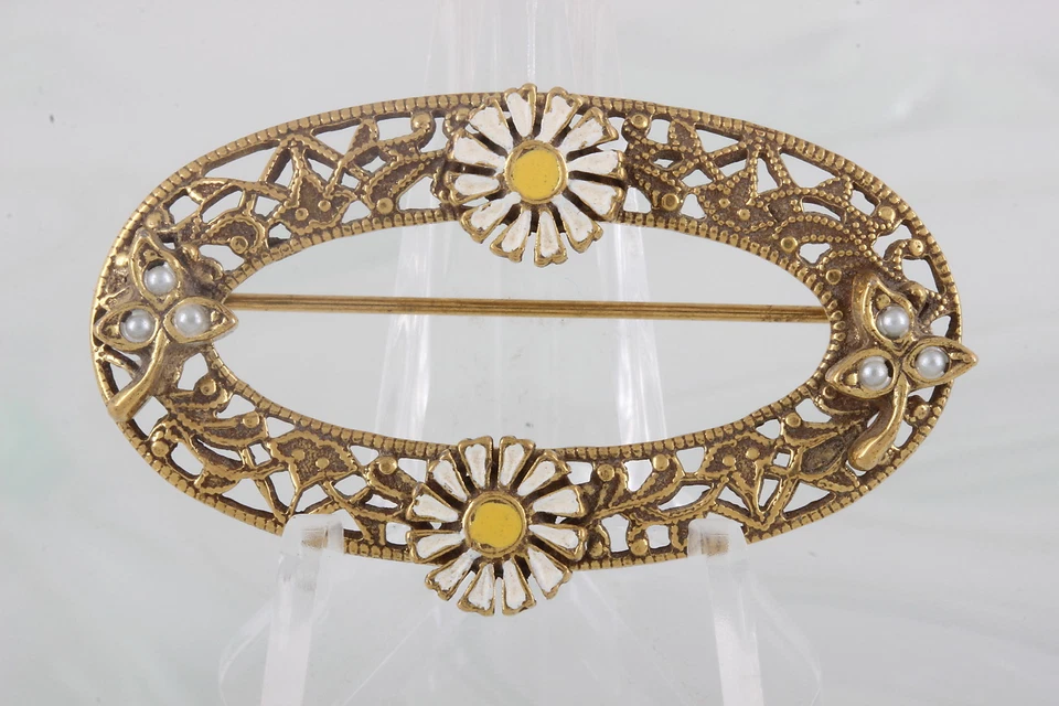 DISFRAZ DISEÑO RELIEVE BLANCO Y AMARILLO ESMALTE PERLA FILIGRANA BROCHE MODA 2127 Foto 1 de 2