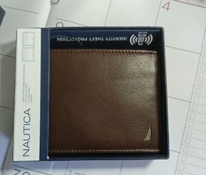 Nautica Credit Card Bifold Men Wallet BROWN leather RFID secure Authentic item