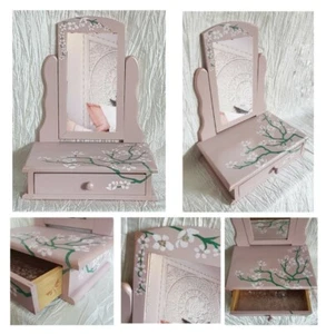 Petite wooden table top vanity unit, mirror with drawer, handpainted, sakura - Picture 1 of 8