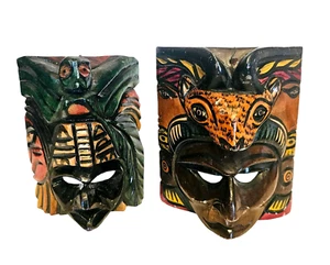 2 Colorful Wood Hand Carved Painted Mayan Masks Folk Art Faces Wall Decor - Picture 1 of 6