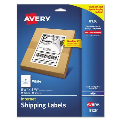 Avery Shipping Labels w/Ultrahold & TrueBlock Inkjet 5 1/2 x 8 1/2 White 50/Pack