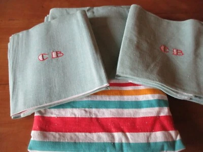 Service de table N°83 nappe coton vert monogramme CB 134 x 192 cm + 8 serviettes - Photo 1/4