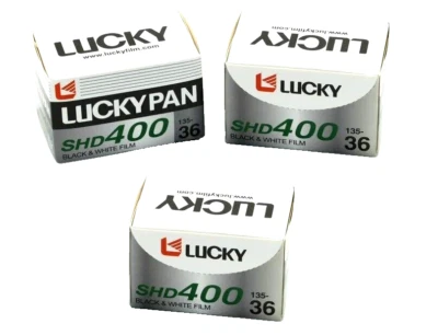 Lucky Film SHD400 B&W 负片 DX 胶片(35 毫米卷膜,36 张曝光)3 件装 — 第 1/4 张图片