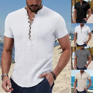 Mens Casual Short Sleeve Loose Blouse Cotton Linen Shirt Button Down Shirts Top - Picture 1 of 15