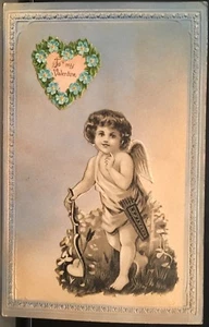 Postal del Día de San Valentín ~ Complementos ~ Querubín y corazón con flores azules Forget Me Not - Imagen 1 de 2