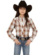 Roper Girls' Plaid Print Embroidered Long Sleeve Western Pearl Snap Shirt Brown