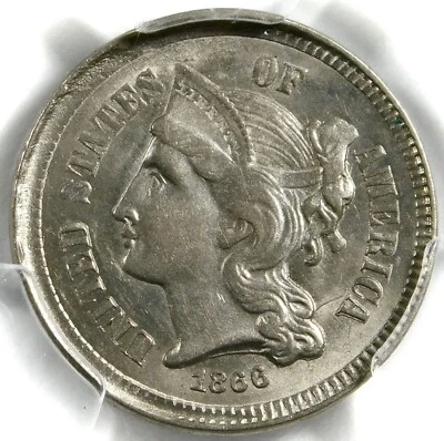 🧿💧🌫️🧊😎PCGS MS63 1866 THREE CENT NICKEL - Image 1 of 3